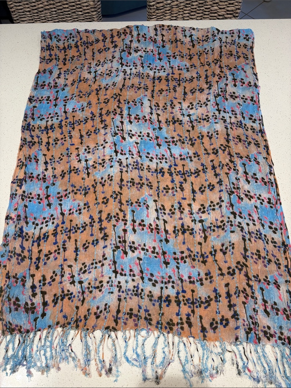 Simply Vera, Light Blue and Tan all over Patterned scarf.